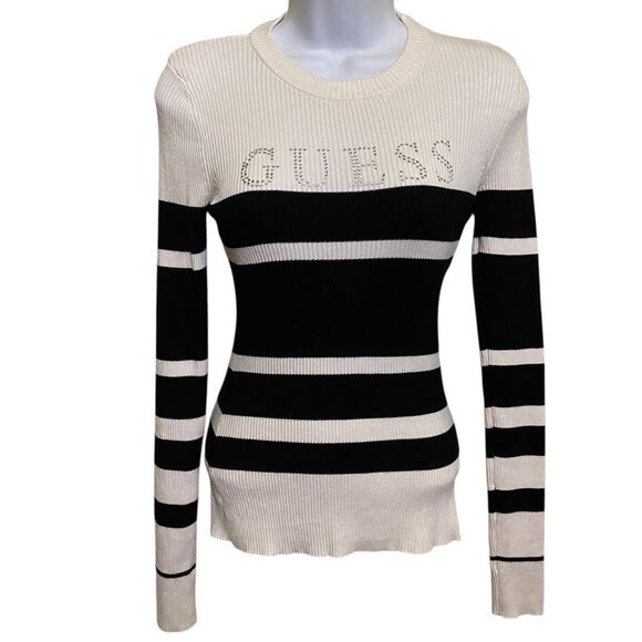 Guess Slim Fit Ribbed Knit Top Crew Neck Black Ivory Strip Bling Logo Y2K SZ SM - Picture 1 of 9